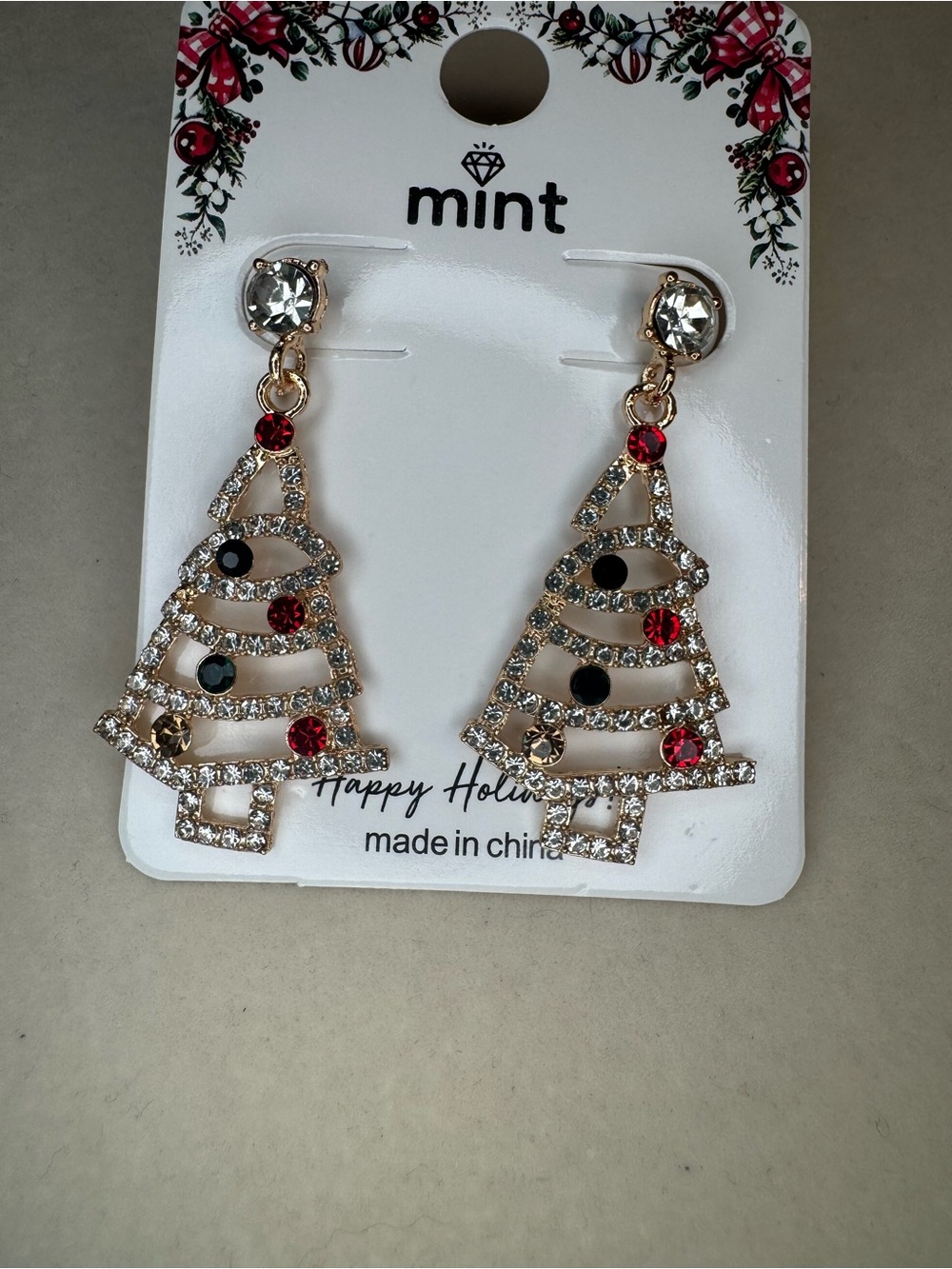 New Mint Gold-Tone Crystal Christmas Tree Drop Earrings - Red & Green Accents